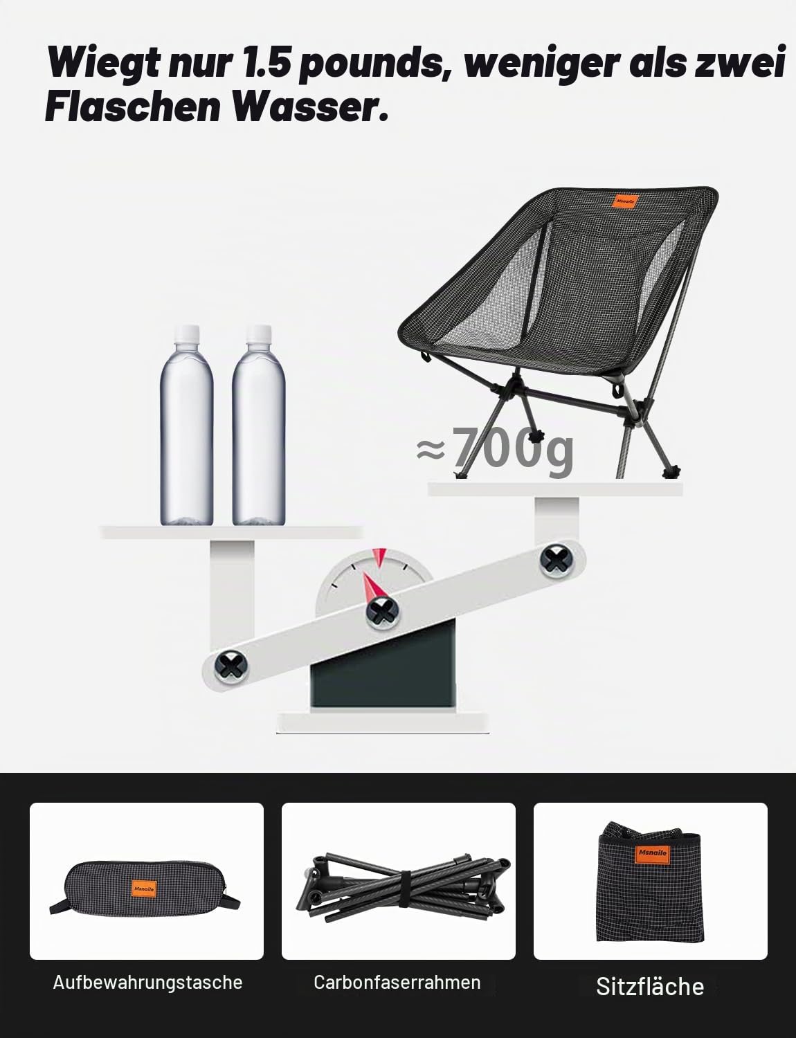 Campingstuhl Faltbar Camping Stuhl,Carbonfaser-Rahmen | Klappstuhl mit Dyneema-Gewebe, mit Handtasche, geeignet für Picknicks, Outdoor, Wandern, Tragfähigkeit 150 kg