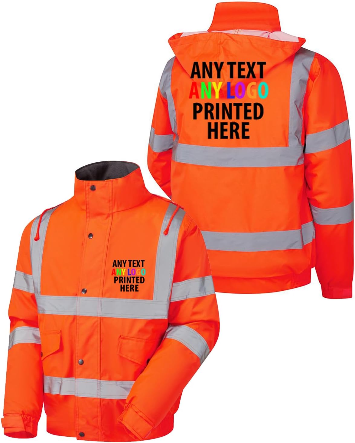 Personalised Hi Vis Bomber Jacket Mens Custom Printed Logo Text Waterproof Hooded Outdoor Safety Workwear