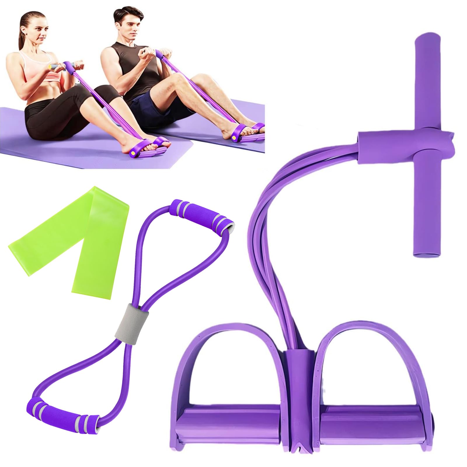 Crunches Pull Rope z figurką 8 ściągaczami i opaskami fitness (fioletowy) | 6 rurek gumowych gumowych taśm, opaski do ćwiczeń fitness, fitness do treningu talii nóg brzucha