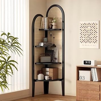 4-Tier Bohemian Corner Bookshelf with Rattan and Wood Decor, Modern Corner Bookshelf with Storage Shelves for Living Room, Bedroom, Study, Kitchen, Home Office and Small SpacesBlack