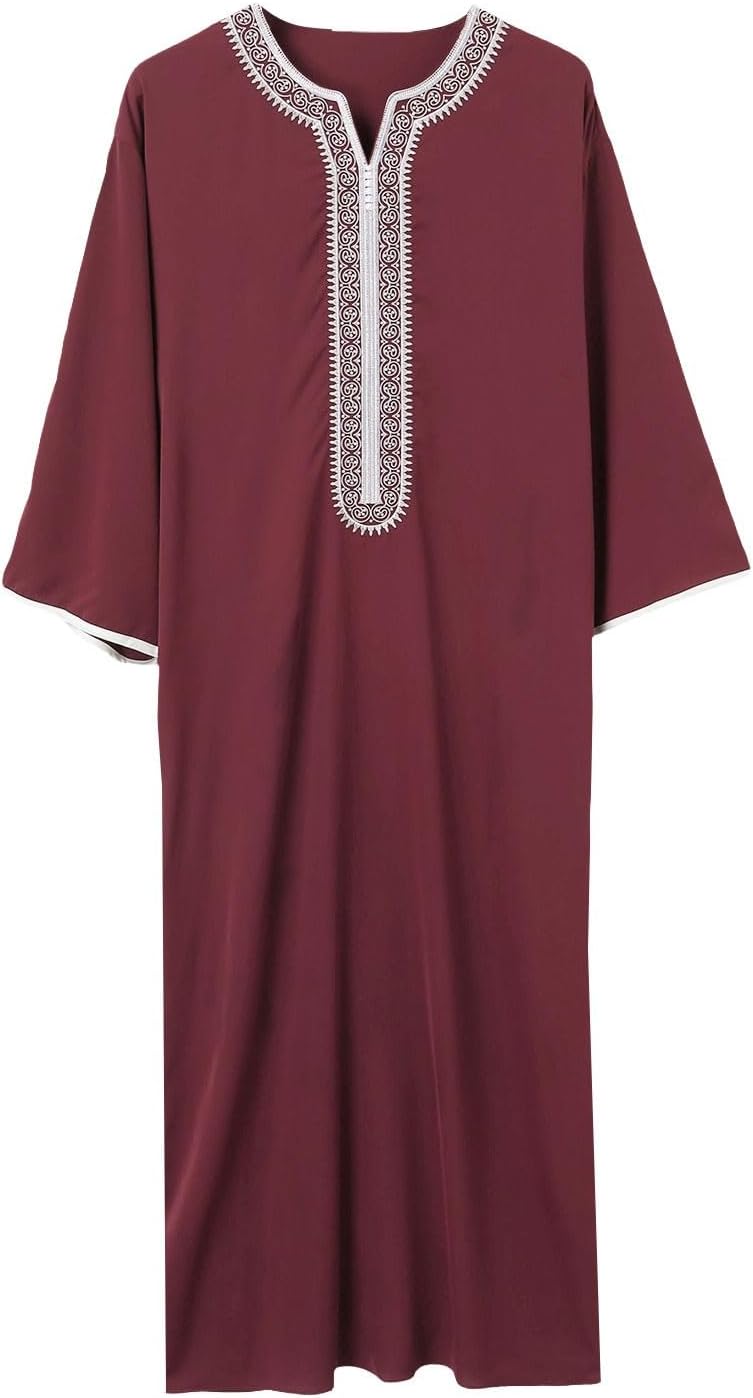 Men's Embroidered Thobe Long Sleeve V-Neck Islamic Kaftan Robe Contrast Trim Traditional Middle Eastern Muslim Outfit