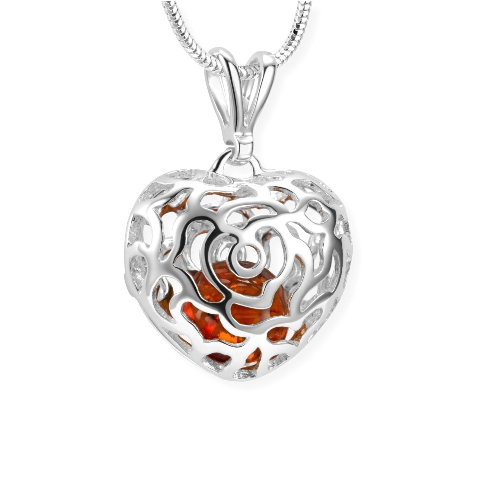 Collar Corazón Con Ámbar Auténtico Y Diseño Floral De Plata 925
