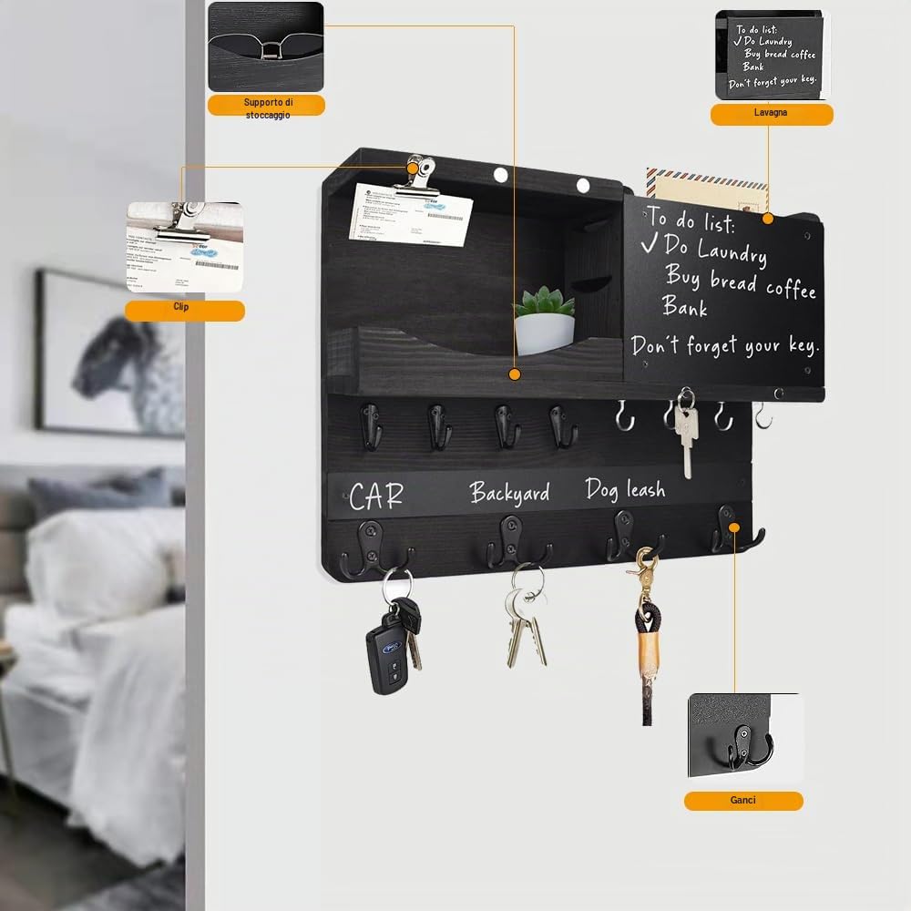 Portachiavi in Legno con Ripiano, Portachiavi da Parete per Chiavi con 12 ganci, Portachiavi da Parete con Cassette Postali e Lavagna per Aree D'Ingresso e Dietro le Porte. Nero