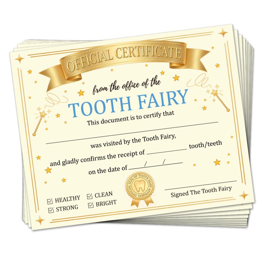 Doodlream 30Pcs Tooth Fairy Certificates, 25x20cm Blank Gold Tooth Award for First Teeth Loss, Star Certificate Paper for Both Home and Educational Settings