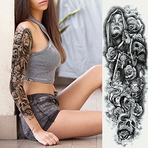 6 Sheets Full Arm Temporary Tattoo, Waterproof Extra Large Black Skull Rose Temporary Tattoos for Men and Women, Adults Body Art Tattoo Sticker Fake Tattoo