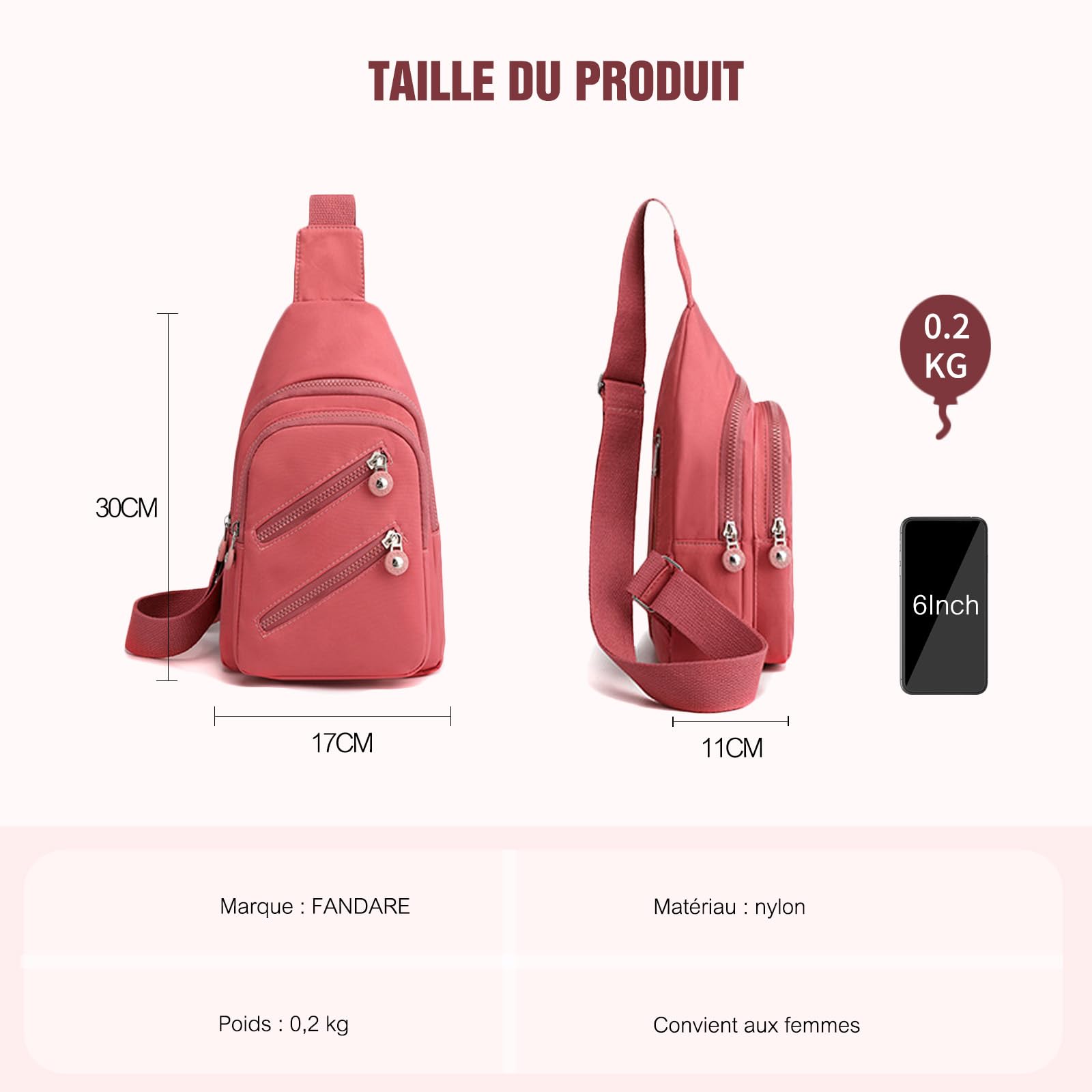 FANDARE Sac à poitrine Femme Bandoulière Sacoche traversante avec trou pour écouteurs Sac messager Outdoor