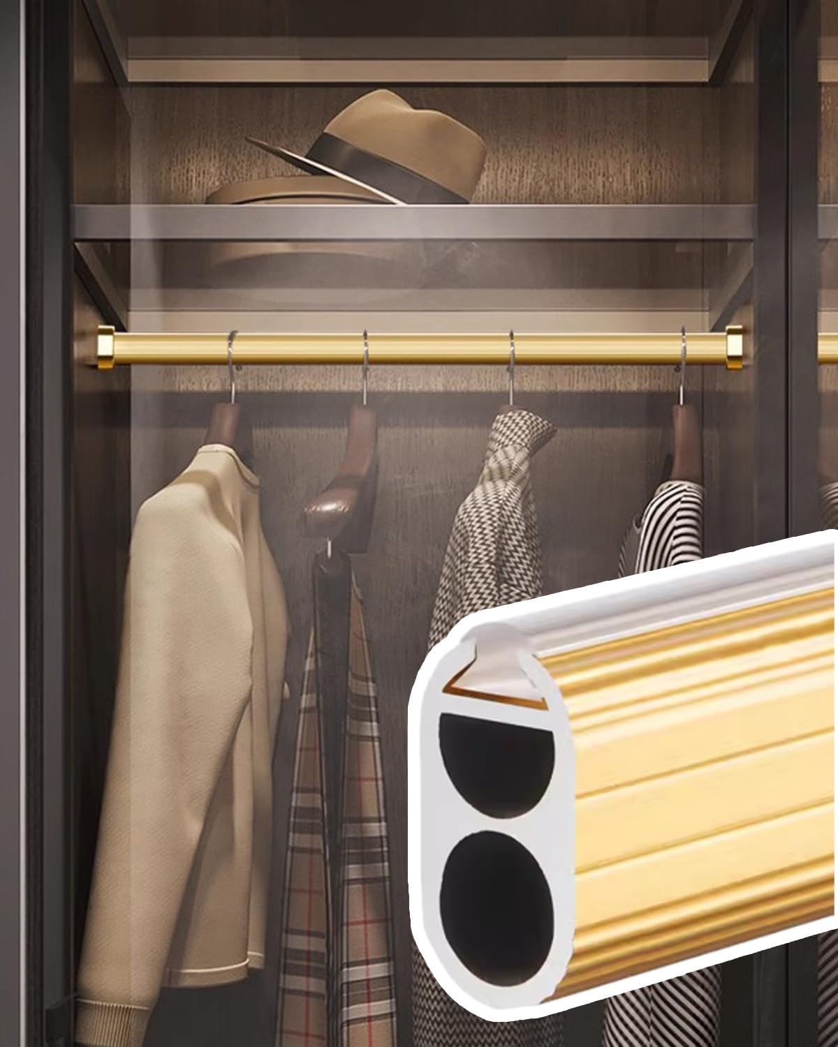 Closet Rod Extra Wardrobe Bars for Hanging Clothes, Heavy Duty Closet Rods and Brackets, Cloakroom Metal Pole Support(Gold,60cm(23 5/8"))