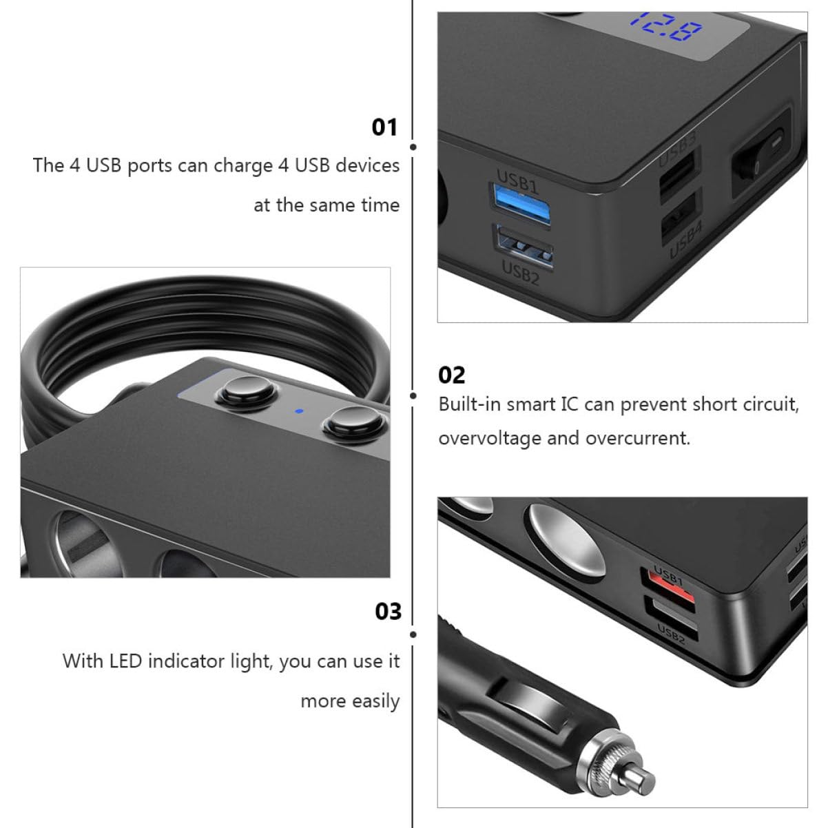 ARTIBETTER 180w Chargeur De Voiture USB Multiple Ports Adaptateur Allume-Cigare Prises Distributeur avec Protections Intégrées pour Téléphone GPS Appareils