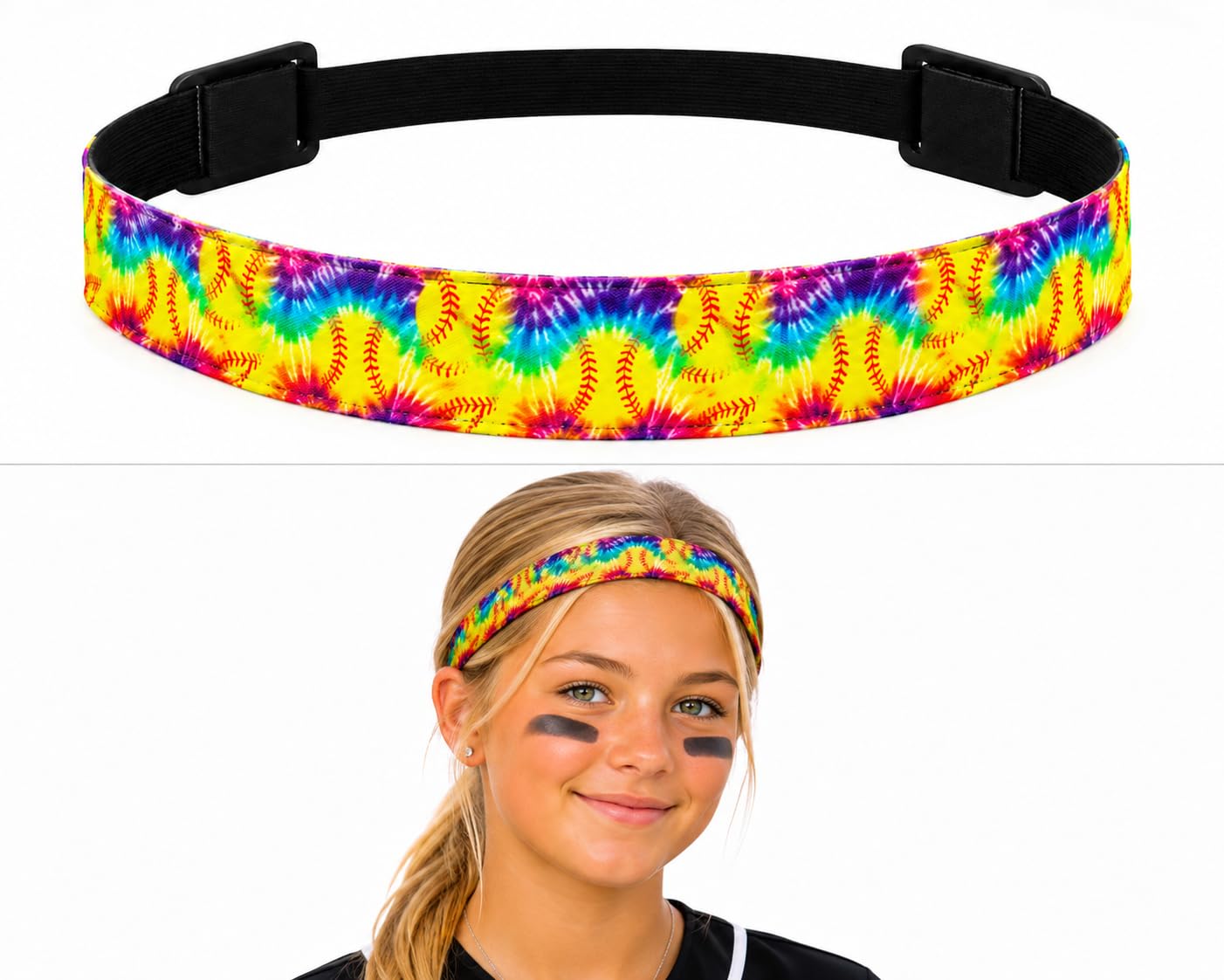 Softball Headband for Girls, Tie Dye No Slip Hairband, Yellow Softball Pattern, Fastpitch