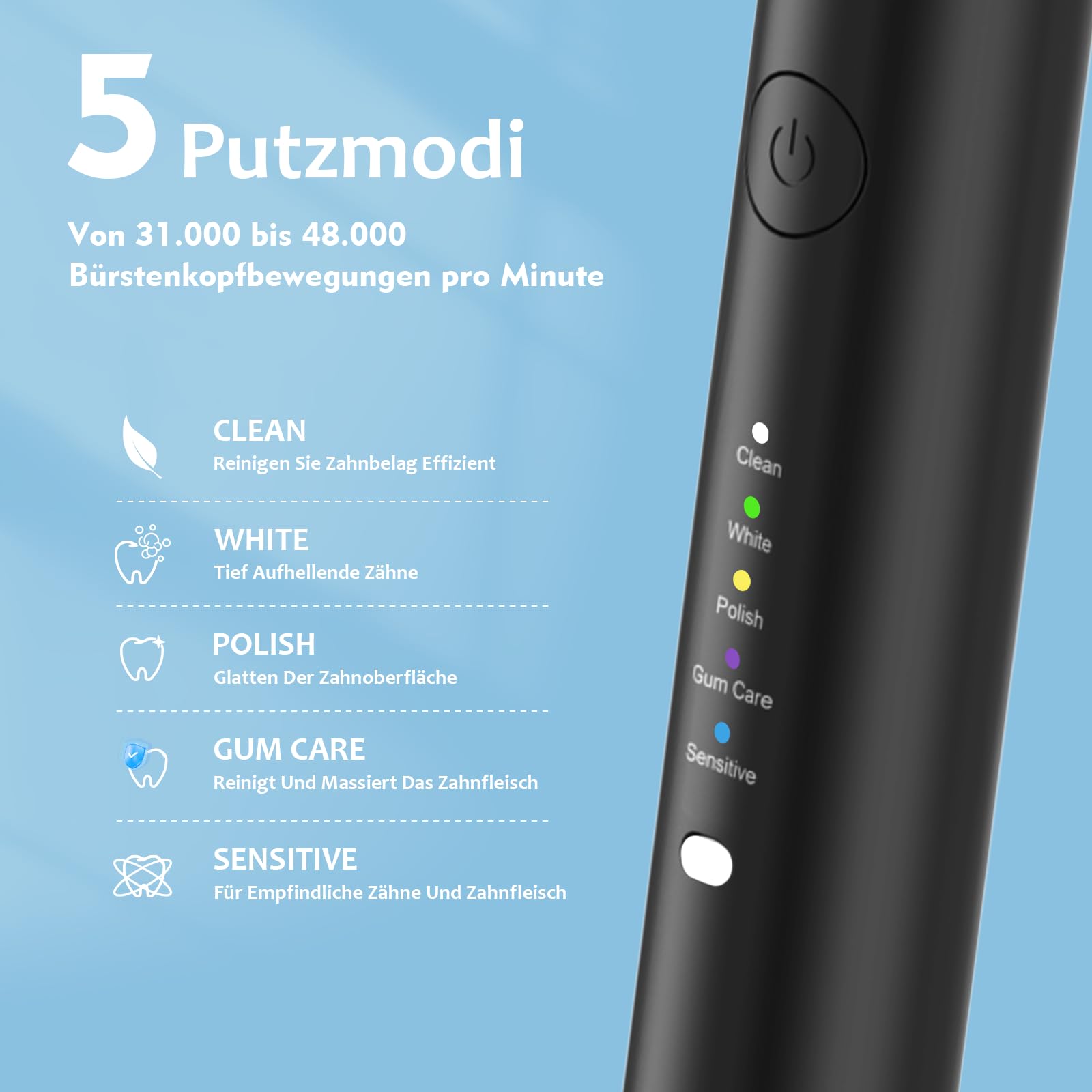 Lächen Cepillo Electrico Dientes Cepillo Dientes Sonico con,3 Modos de Cepillado,4 Recambio Cabezales,Temporizador de 2 minutos, Carga rápida de USB,por 60 Días, IPX7 Impermeable Negro