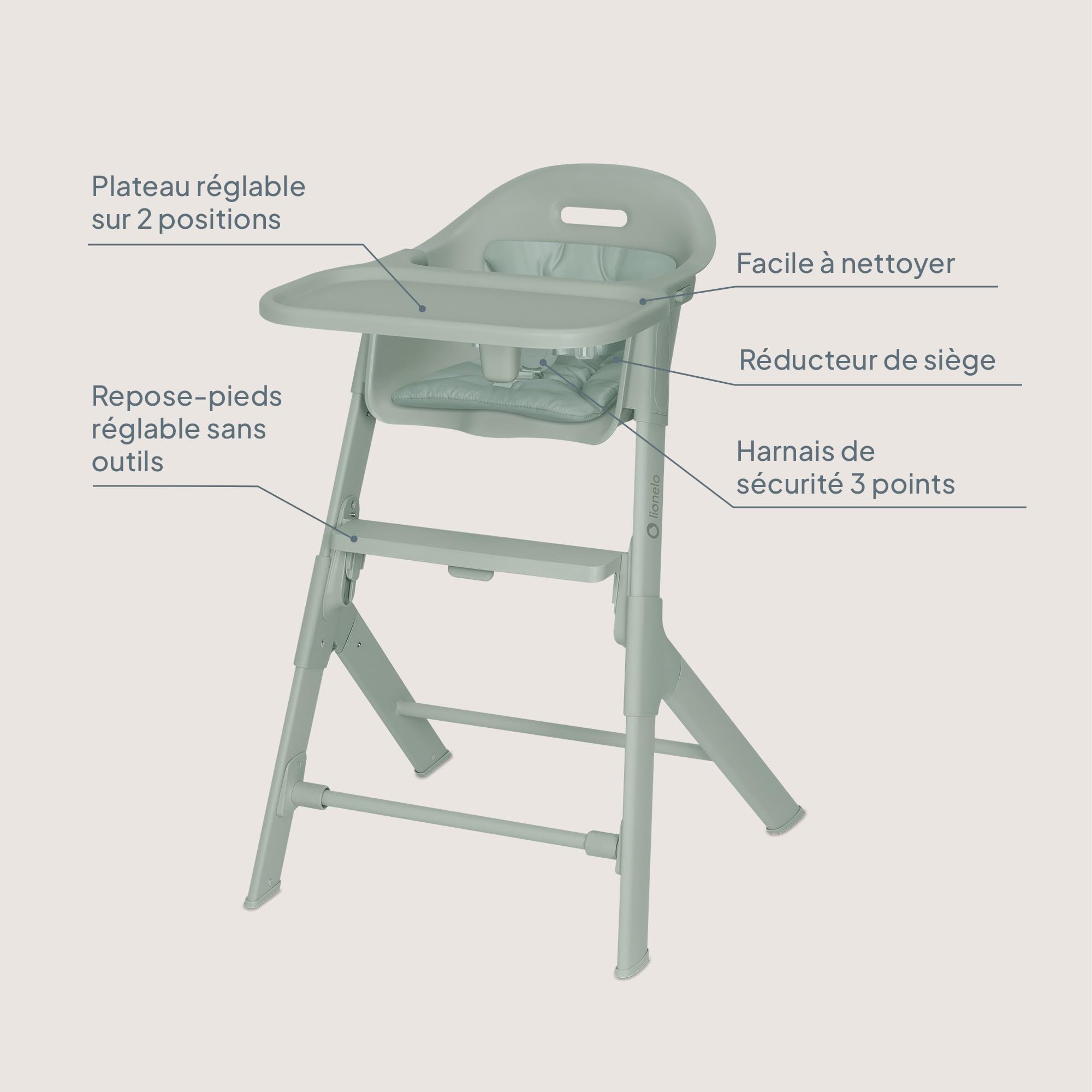 Lionelo Beny Chaise Haute Bébé 6-36 Mois, Tablette Réglable, Jusqu’à 15 kg | Repose-pieds réglable à 1 main sur 2 niveaux, harnais 3 points, insert confortable, nettoyage facile, Vert Sauge
