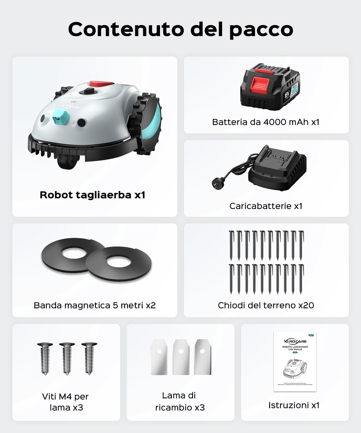 YARDCARE V100 Robot Tagliaerba a Batteria con Navigazione Visiva, Rilevamento di 150 Ostacoli, Robot Tosaerba Fino a 150 m², Robot Tosaerba con Strisciamagnetica, Lame di Ricambio