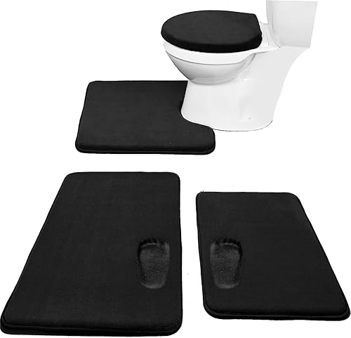 Miniatura 4 de Juego de 4 tapetes de baño de espuma viscoelástica con tapa de inodoro y juego de alfombras, juego de 3 tapetes de baño en forma de U azul marino