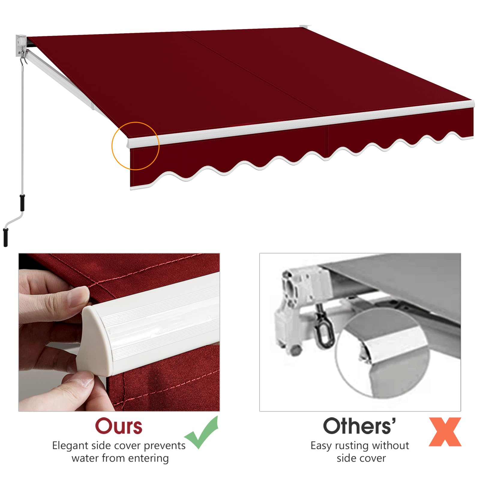 COSTWAY Markiza z ramionami przegubowymi, 300 x 250 cm, markiza tarasowa z aluminiową ramą i korbą ręczną, kąt nachylenia markizy przeciwsłonecznej regulowany w zakresie 40-100°, ochrona