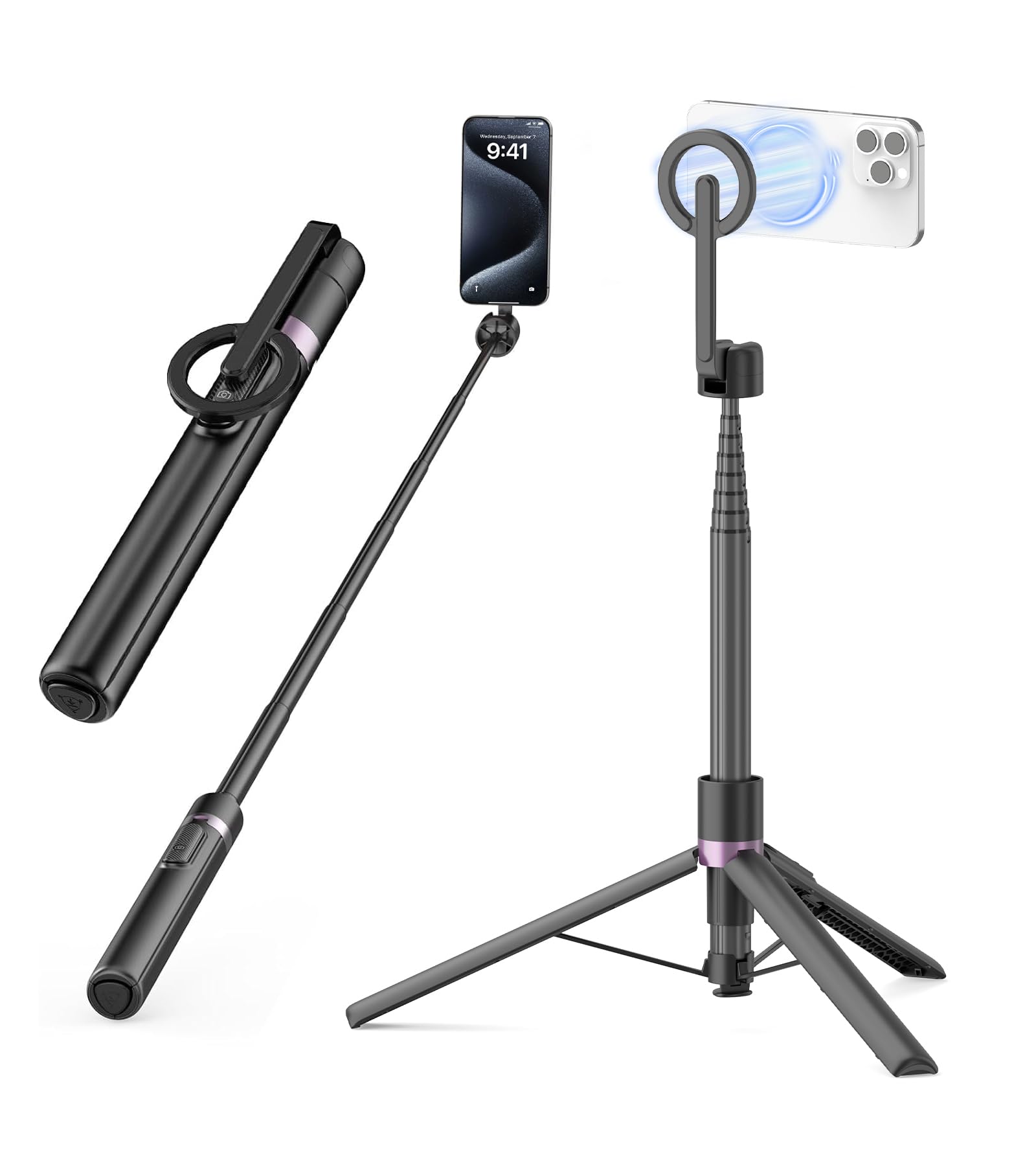 TONEOF 173cm Perche Selfie Magnétique Trépied,Fixations en Aluminium pour Magsafe, Rotatif à 360°,Trépied Voyage Rétractable avec Anneau Métallique&Télécommande-Noir Violet - 2