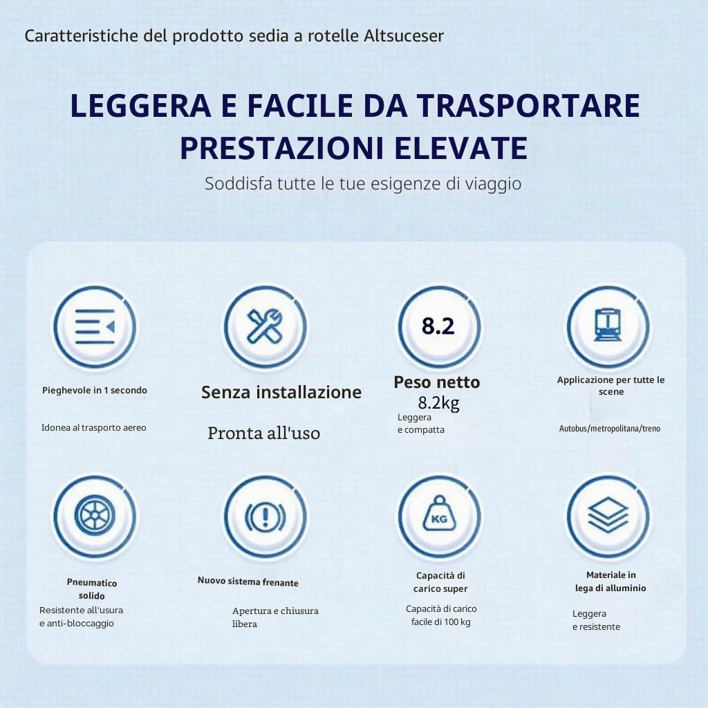 Sedia a rotelle pieghevole leggera, solo 8,2 kg, sedia a rotelle portatile con cinghia di sicurezza regolabile a 270°, braccioli ribaltabili con schienale rimovibile, sedia ergonomica da viaggio per