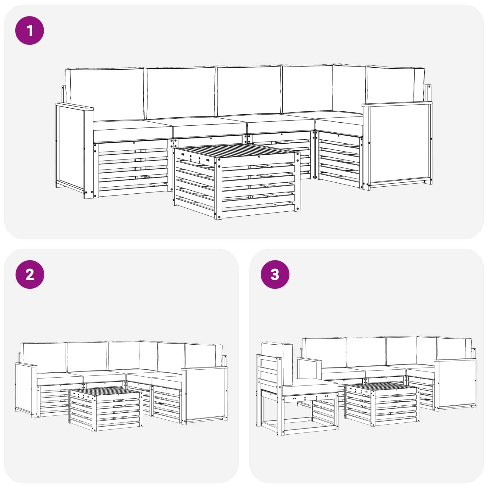 Ecksofa Set mit Kissen 5 pcs aus massivem Akazienholz natürlich hellgrau, modulare Sitzgruppe mit Tisch und Polster, wetterfestes Outdoor Möbelset für Garten Terrasse Wohnzimmer
