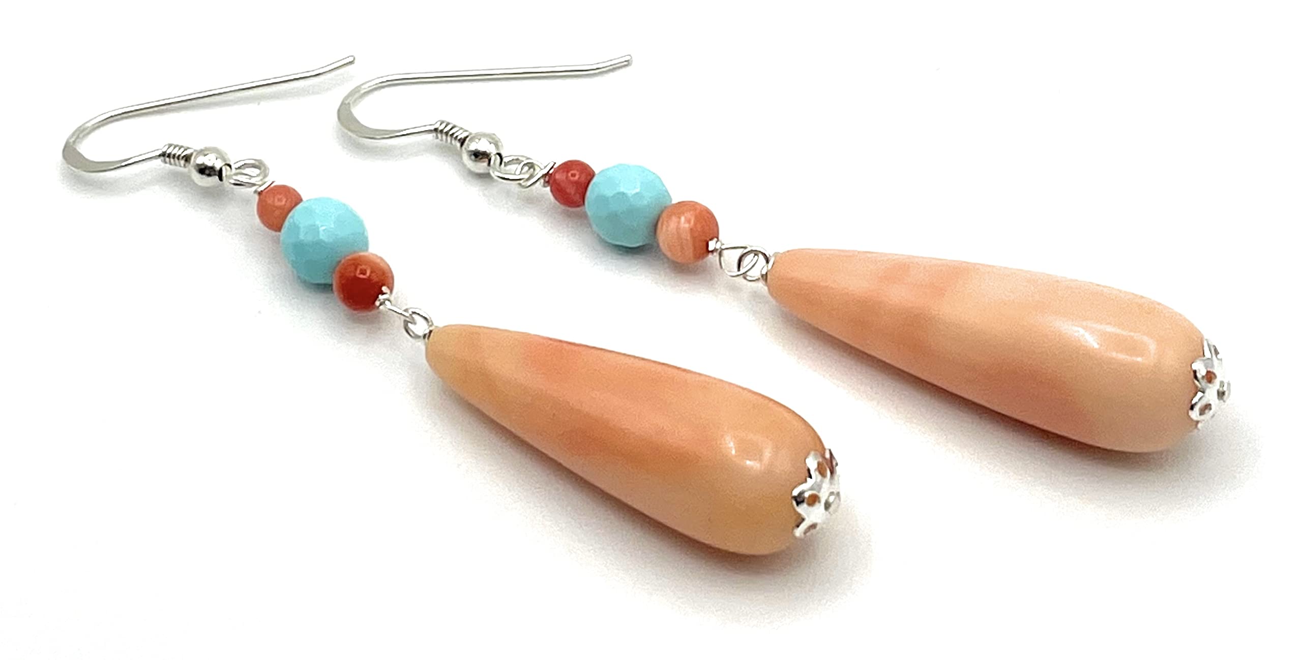 Pendientes Colgantes Largos de Plata 925 y Lagrimas Rosas Coral y Turquesa, Joyas Artesanales, Regalo para Mujeres