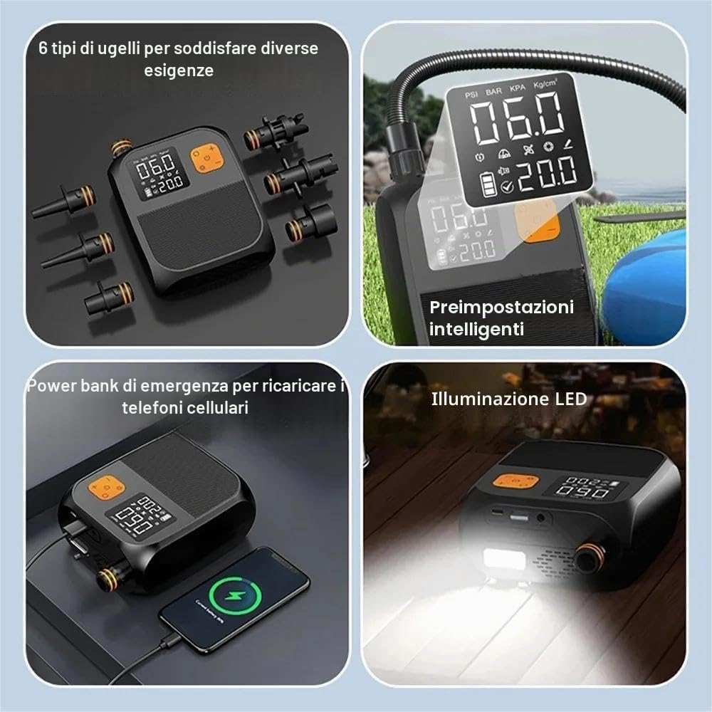 Pompa ad aria elettrica, batteria ricaricabile da 8000mAh, pompa per SUP, pompa ad aria con batteria, gonfiatore elettrico con 6 bocchette d'aria, pompa elettrica da 20PSI per materasso gonfiabile