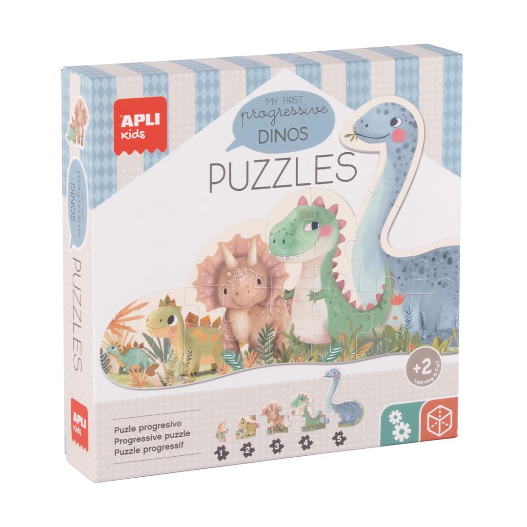 APLI Kids 20124 -My First Dinos, 5 progresywnych puzzli z dużymi kawałkami do wykonania 15-częściowej kompletnej układanki, odpowiednie dla dzieci od 2 lat