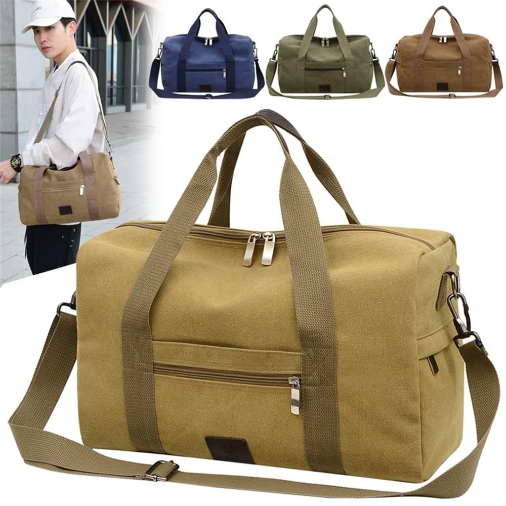 Reisetasche Sporttasche Herren Retro Einfache Handtasche Schultergepäck Reise Canvas Tasche für Männer Frauen(Khaki,44x19x26cm)