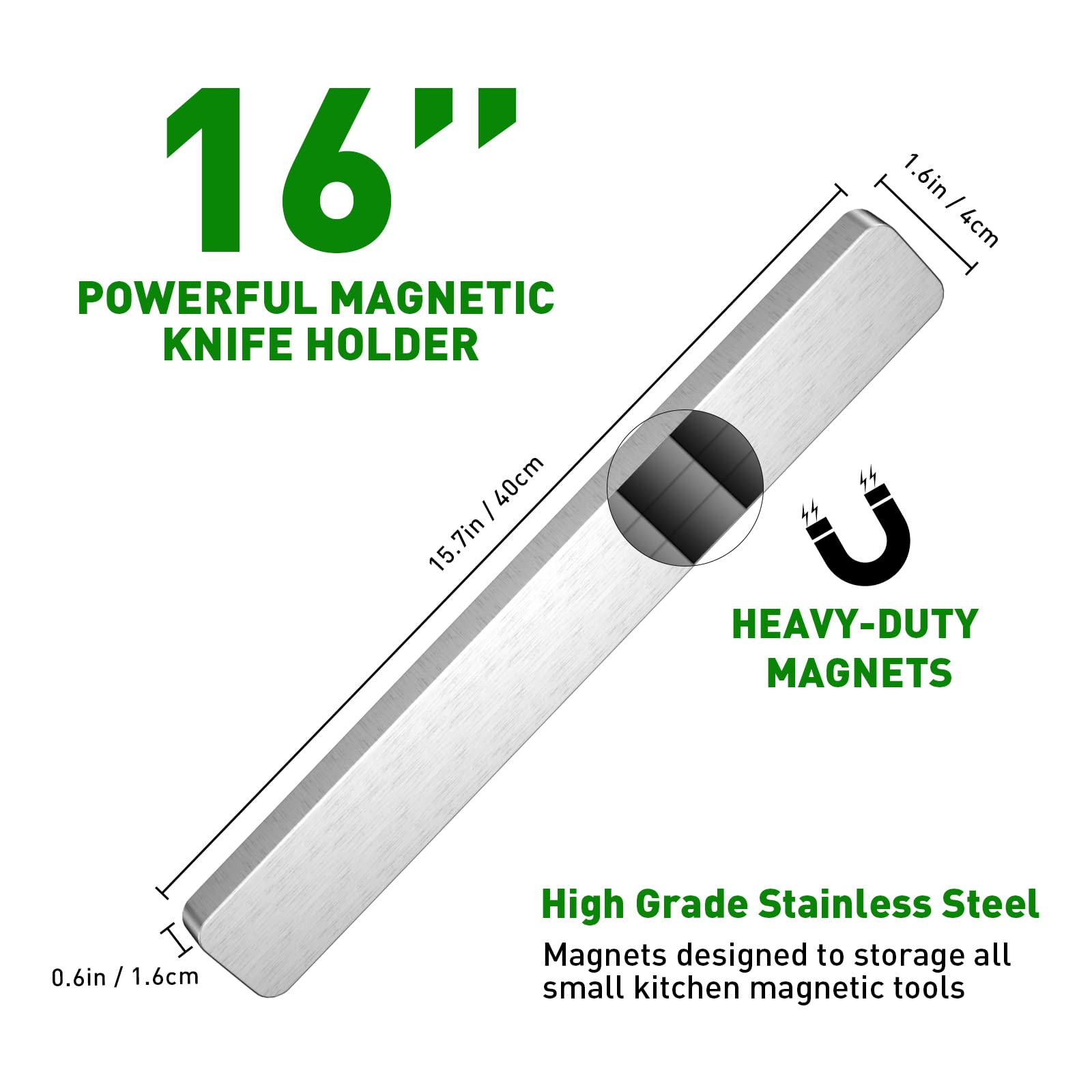 Barra Magnetica para Cuchillos 16inch(40cm) Ninonly Iman Cuchillos Cocina Acero Inoxidable con 3 Ganchos, Soporte Magnético Cuchillos Fácil Instalación Puede Absorber Herramientas De Hierro, Cucharas