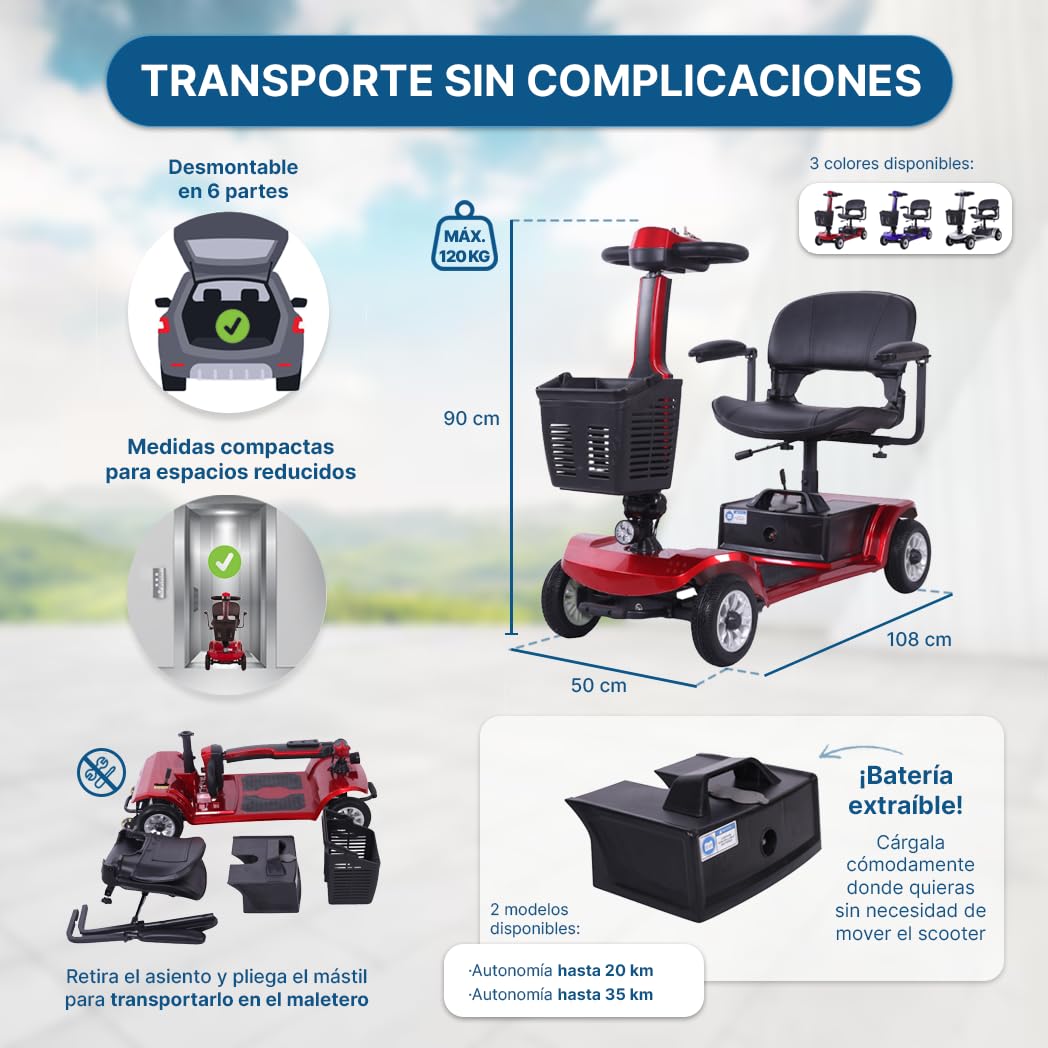 Scooter Movilidad Reducida Desmontable Para Ancianos 4 Ruedas Medidas Muy Reducidas Batería Extraíble Luces LED Resistente 120 Kg Dortomedical®