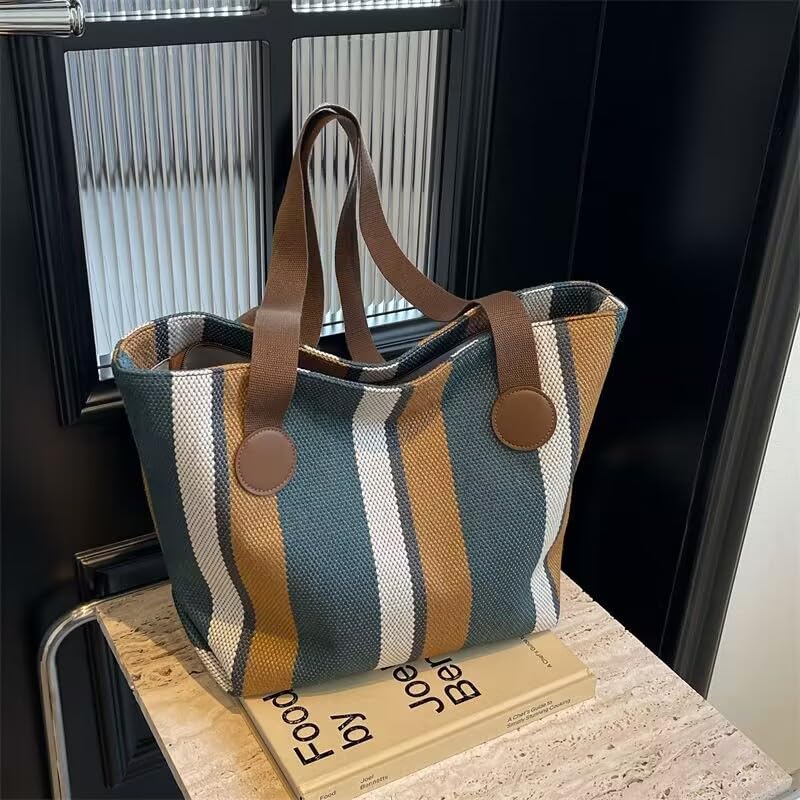 Bolso tote grande de lona a rayas para mujer miniatura 4