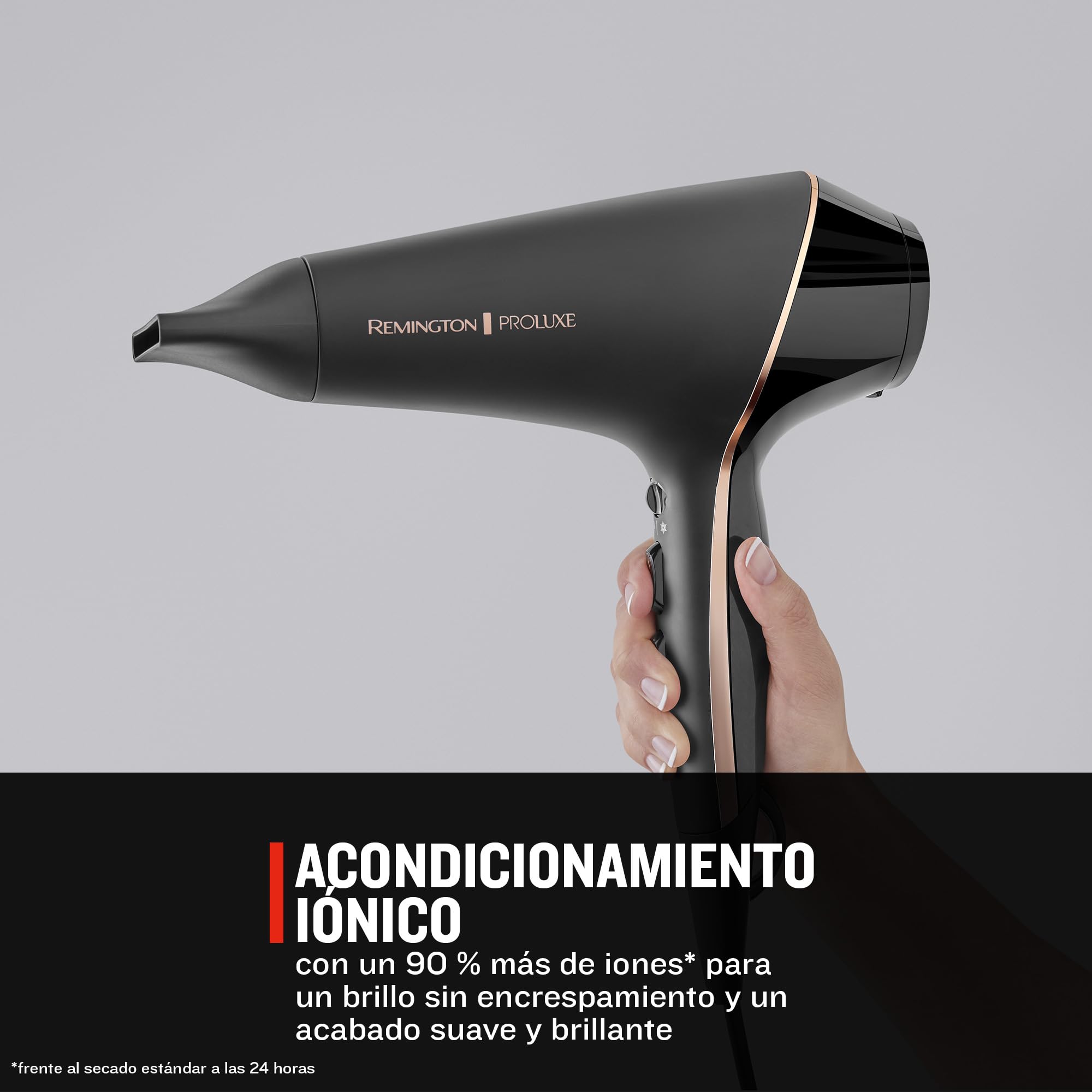 Remington Secador de Pelo Profesional PROluxe Midnight Edition - 2400 W, Iónico, Tecnología OPTIHeat, Sin Encrespamiento, Motor AC, Difusor y Concentrador, 3 Temperaturas, 2 Velocidades - AC9140B