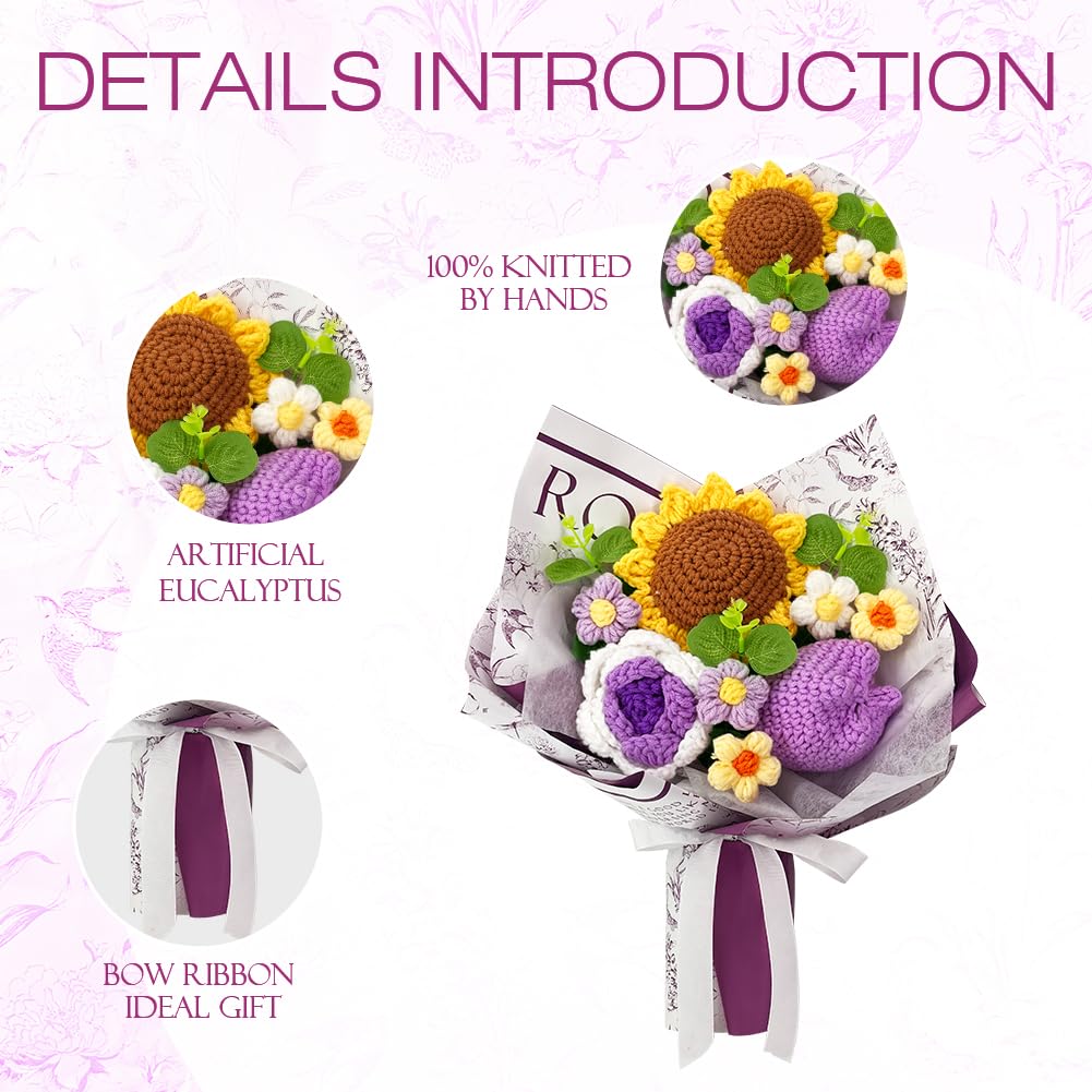 Phaicoilo Handmade Crochet Flower Bouquet - Tulips & Daisies, Purple, For Home Decor & Gifts - View #7