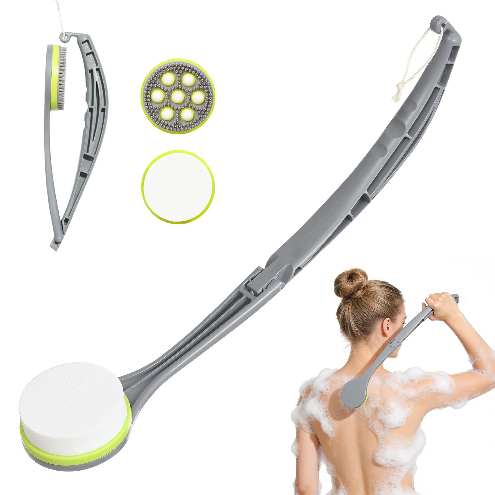 Crema aiuto per la schiena con 2 teste in EVA e sfera massaggiante – Spazzola da bagno per la cura della pelle, applicazione uniforme di lozione durante la doccia