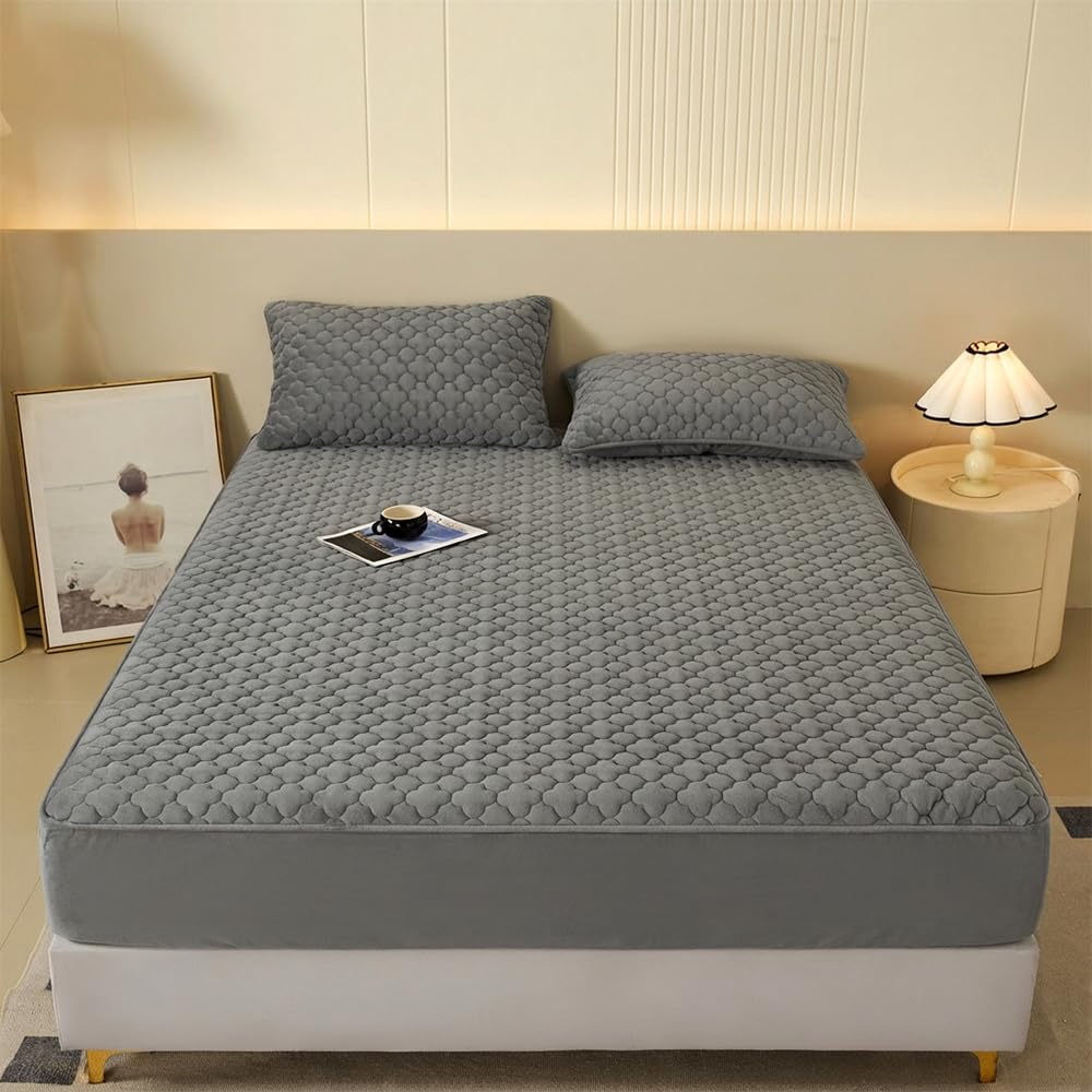 Pangzi Solid Flannel Plush Bedding Fitted Sheet Twin Gray