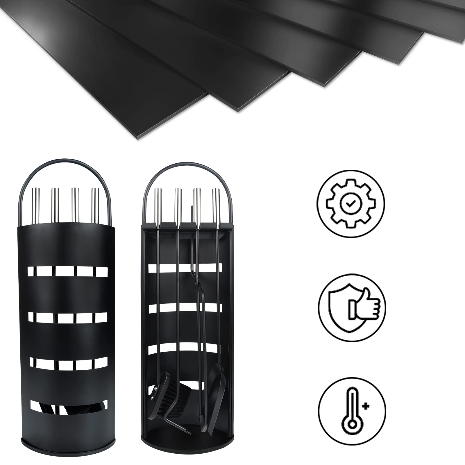 Set di accessori per camino, nero, 5 pezzi in acciaio inossidabile, set di posate da camino moderno, set di pulizia per camino