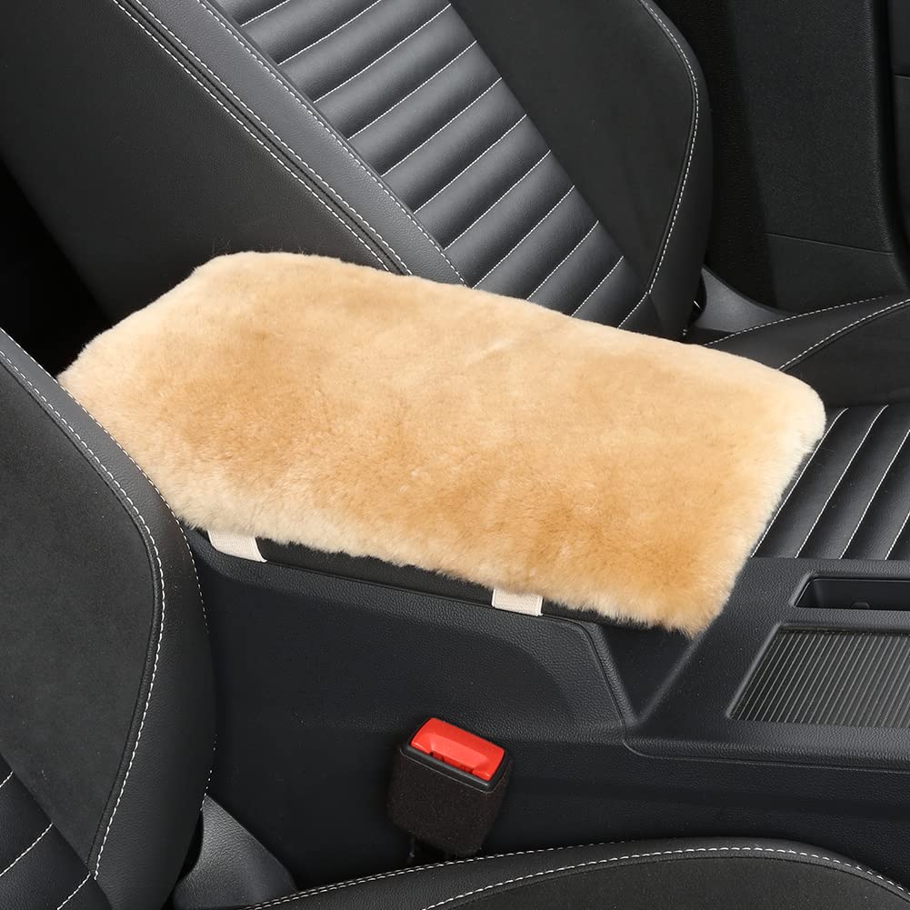 IRIWOOL Sheepskin Armrest Cover Auto Center Armrest Cover Car Soft Console Pad, Fluffy Wool Auto Center Console Cover for Most Car Arm Rest Decoration Protector 7 x 13 Inch (Shearling, Khaki)