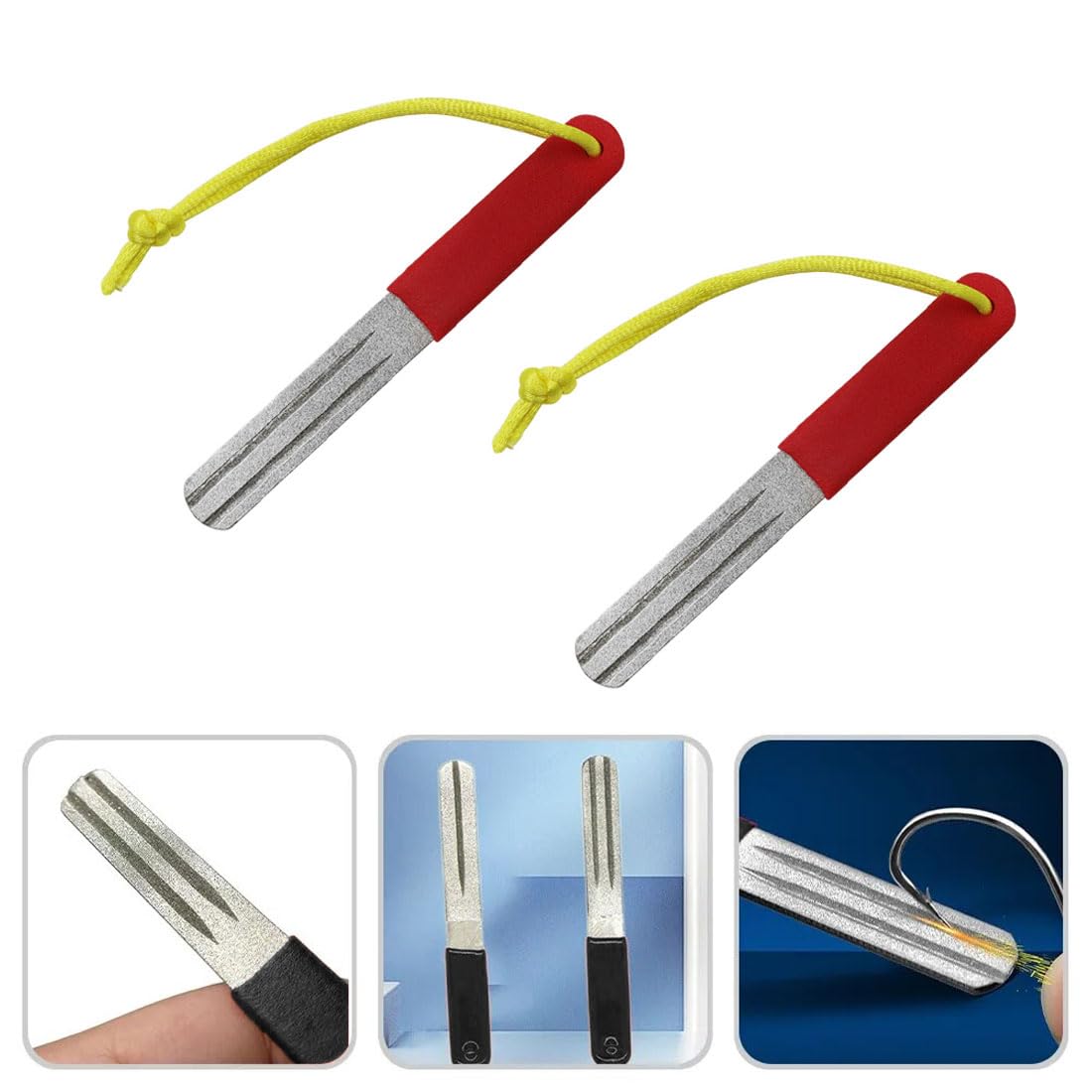 2 pcs afilador de anzuelos para Peces, Herramienta de Afilado portátil, Herramienta Afilado para Pesca al Aire Libre con Mango de Grano Fino y Medio, con Mango y Colgante(Rojo)