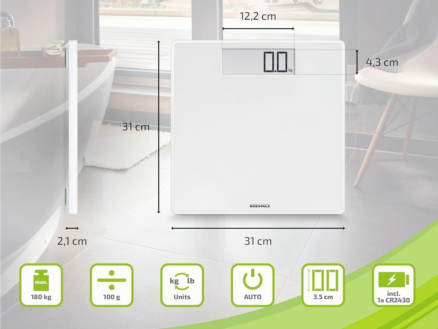 Soehnle Sense Safe 100 Pesa Persona Elettronica, Bianco, 31 x 31 x 2.1 cm