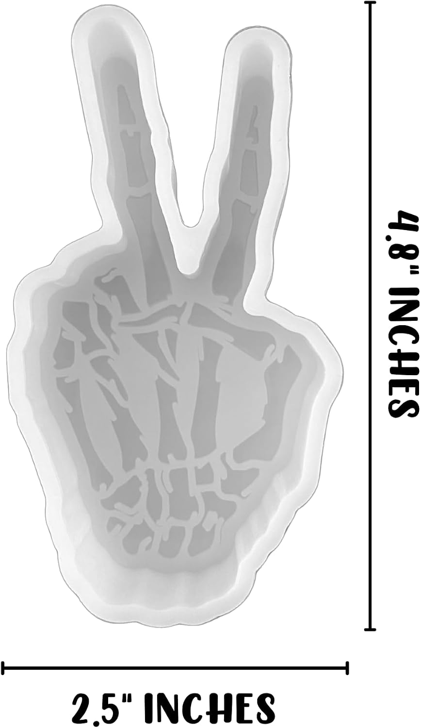 Skeleton Hand Peace Sign Freshie Mold Silicone 4.8x2.5x0.8” Hard Rocker Girl Flipping Off Jack Halloween Fragrance Oil Oven Safe Bake Cardstock image 3