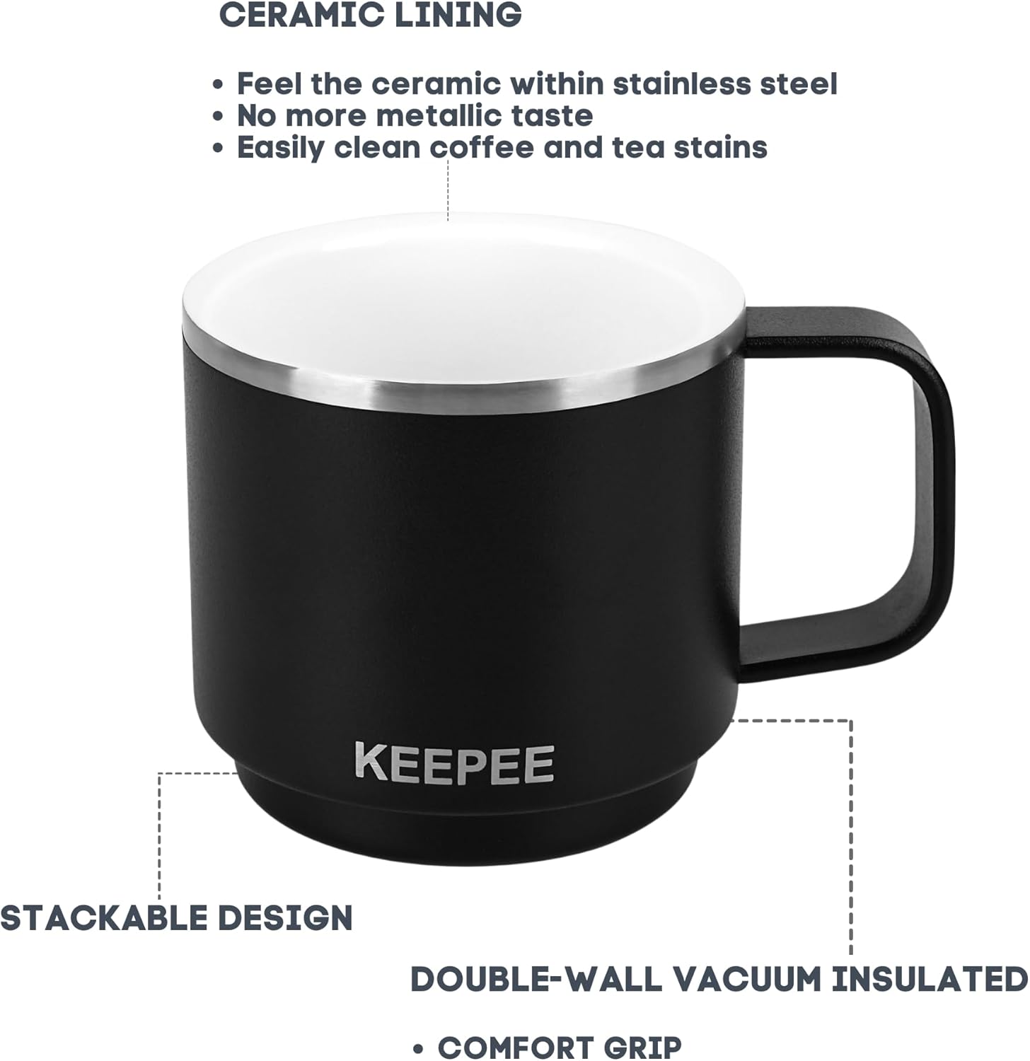 4 oz Stackable Cup with Handle, Vacuum Insulated Espresso Coffee Cup with Ceramic Lining, Stainless Steel, 2 Pack, Black - Image 3