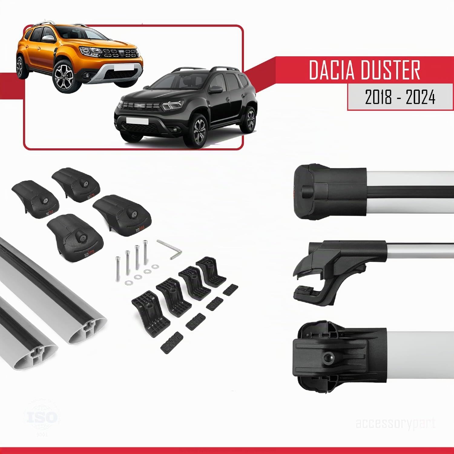 Compatibile con Dacia Duster 2 (HM) 2018-2024 Modello ACE-1 Barre Tetto Portapacchi Auto Barre Portatutto Grigio Alluminio 2 Barre