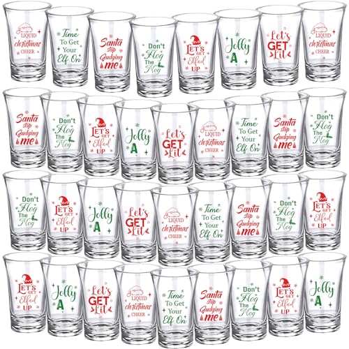 Sliner 35 Pcs Christmas Cup 1.2 oz Santa Let's Get Elfed up Glass Set Stemless Acrylic Christmas Funny Cups for Christmas Party Favor Night Club Drinking Gifts Supplies