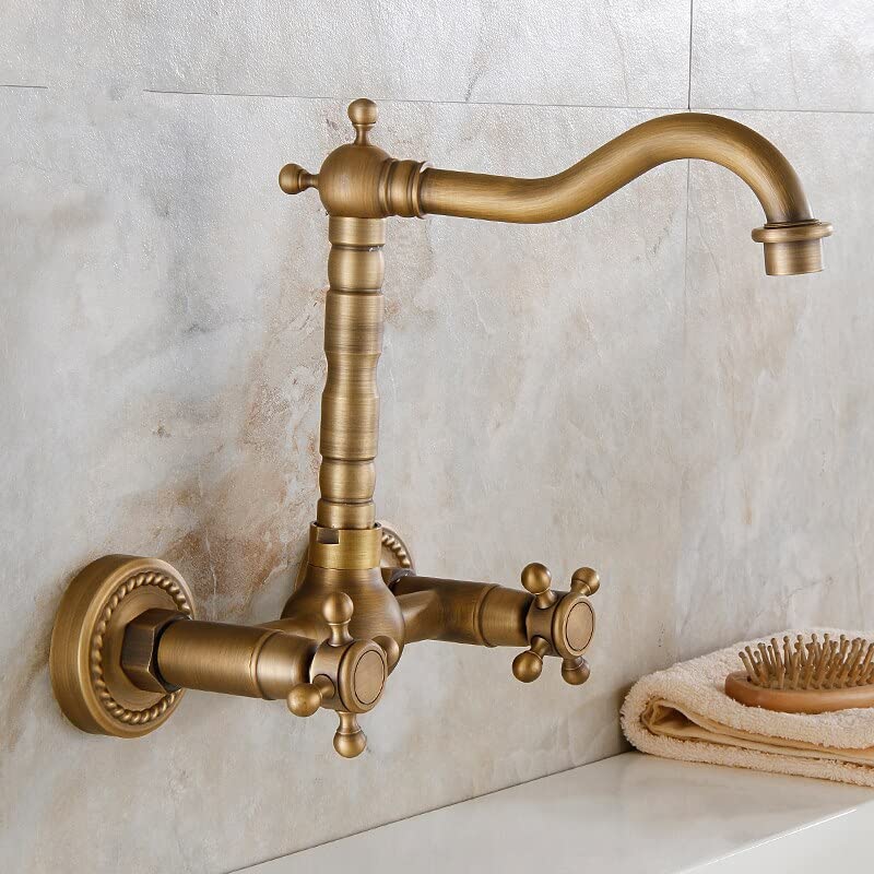 Antique Basin Kitchen Sink Mixer Tap Swivel Faucet Retro Bronze Fashion Style Wall Mounted Dual Handle Wash Basin Faucet