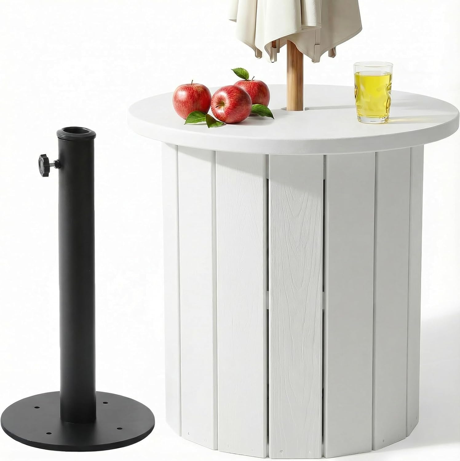 PASAMIC 2-in-1 Outdoor Umbrella Side Table - 5cm Extended Desktop for Extra Storage, 1.5-1.7 Inch Umbrella Hole, Fillable 5 Gallon Water Bag Base, All-Weather HDPE for Poolside/Yard/Deck, White