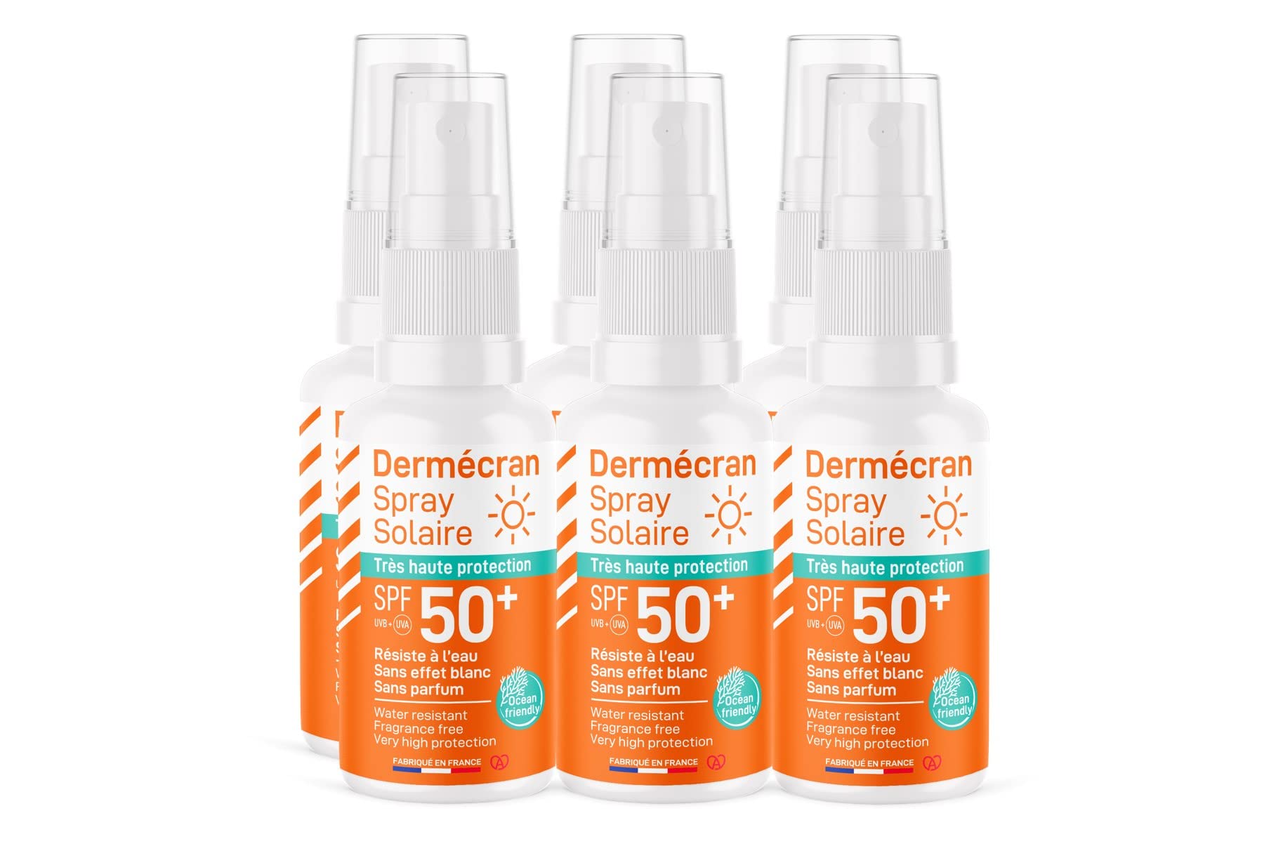 Lot de 6 - Dermécran - Spray solaire SPF50+ - Visage et corps - Formule Ocean Friendly - Résiste à l'eau - Pour toute la famille dès 3 ans - Fabriquée en France - Spray de 50 ml
