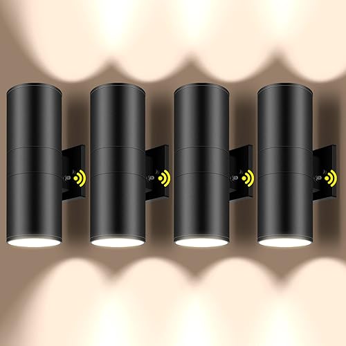 Paquete de 4 luces de pared de iluminación al aire libre, del atardecer al amanecer, lámpara de pared cilíndrica hacia arriba, lámpara de pared