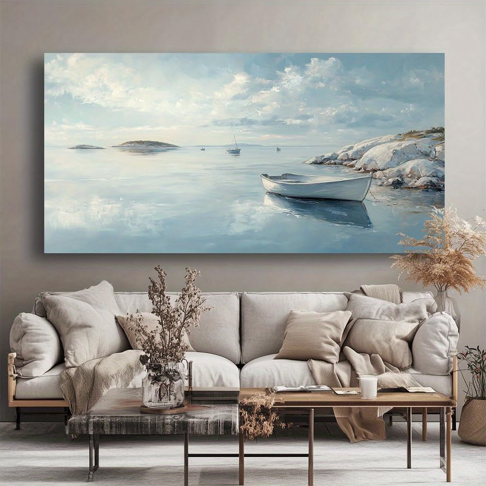IHHGNB Modern Abstract Wall Art Canvas Painting Sea Boats Picture Calming Nautical Decor Artwork for Living Room Bedroom(55x110cm(22x43in)/No frame)