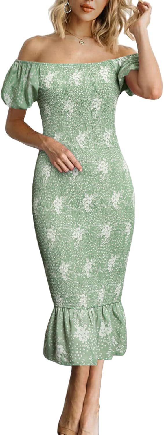BerryGo Women's Smocked Bodycon Off Shoulder Puff Short Sleeve Mermaid Dress Ruffle Shirred Party Cocktail Pencil Midi Dress