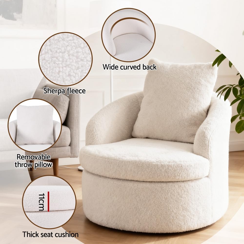 Artiss Swivel Chair Round Armchair, Small Accent Sofa Sherpa Chair Armrest Back Cushion,360° Swivel, for Living Room Bedroom, White, Max 150kg Capacity