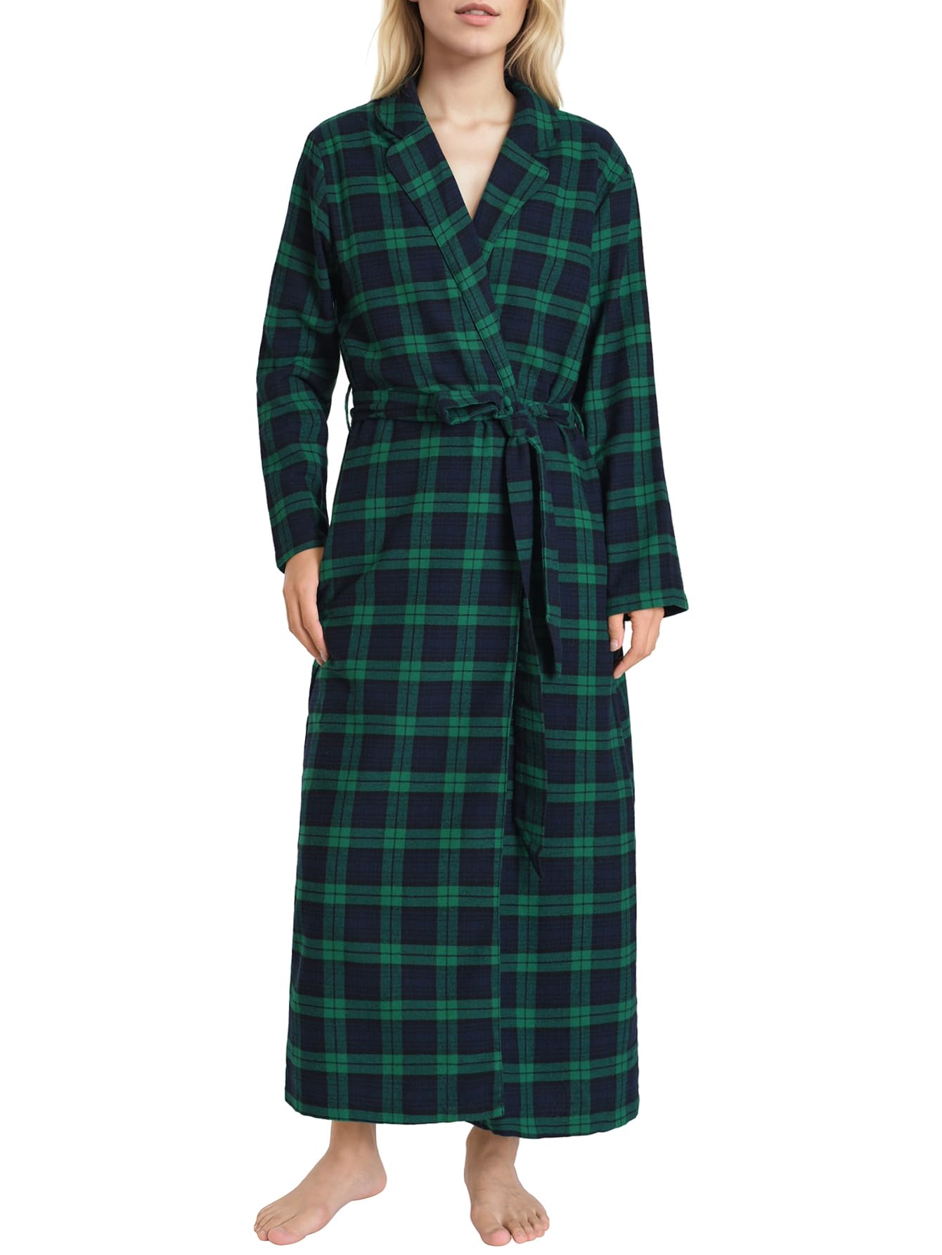 Photo 1 of Latuza Women's Petite Size Flannel Robe Warm Plaid Bathrobe Full Length S Navy Green
