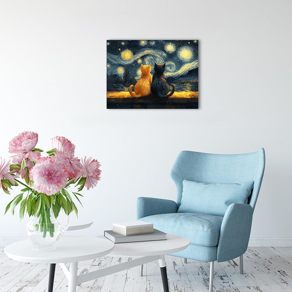 Ypxzzj Van Gogh Starry Night With Cats Canvas Wall Art,Night Starry Pictures Paintings Wall Decor, Animal Cat Artworks for Bedroom Living Room Wall Decor Framed Ready to Hang