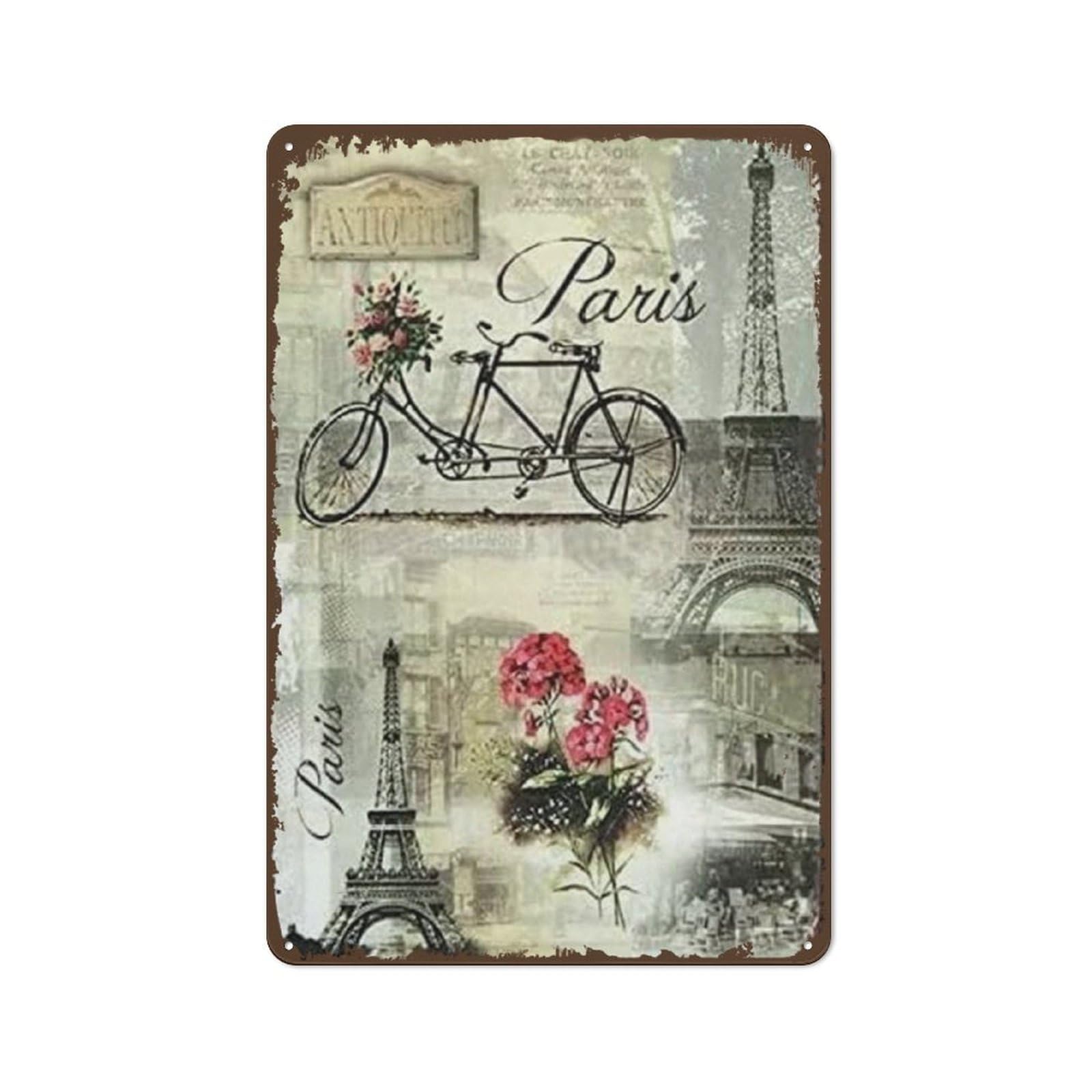 Pibonto Women's Wall Art Retro Metal Tin Sign Beautiful Flowers Bicycle Bike Eiffel Tower In Paris Rustic Tin Sign For Street & Home Bar Club Kitchen Restaurant Decor Plaque Signs 5.5X8 Inch